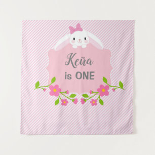 Bunny Birthday Backdrop Banner (Pink & Flowers) Tapestry