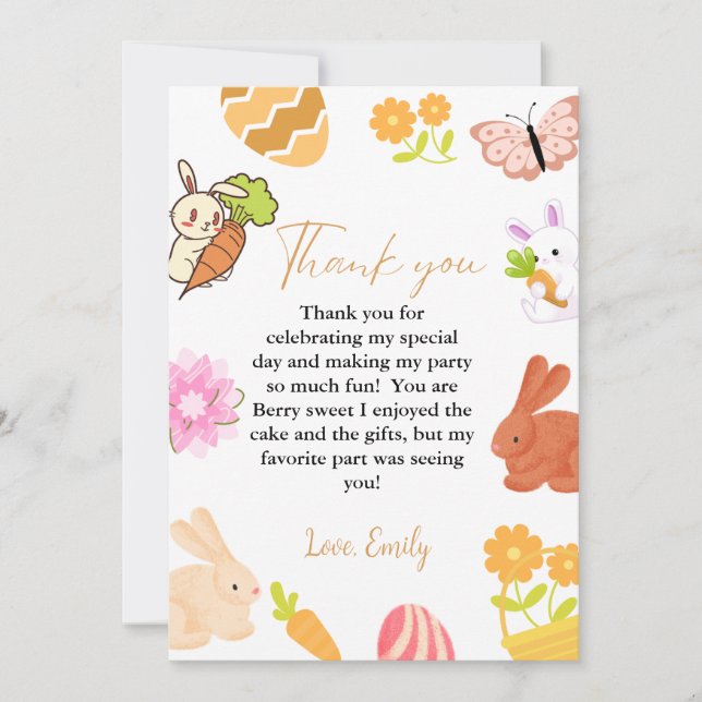  Bunny Birthday Easter Egg Hunt Thank you Card (Front)