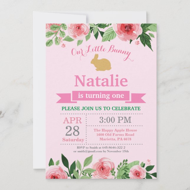 Bunny Birthday Girl Easter Egg 1st First Birthday Invitation (Front)