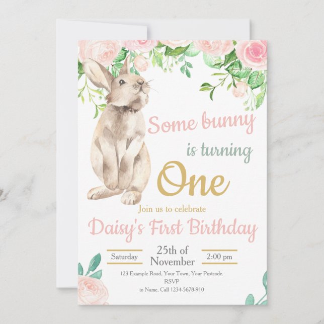 Bunny Birthday Invitation, 1st Birthday Invite (Front)