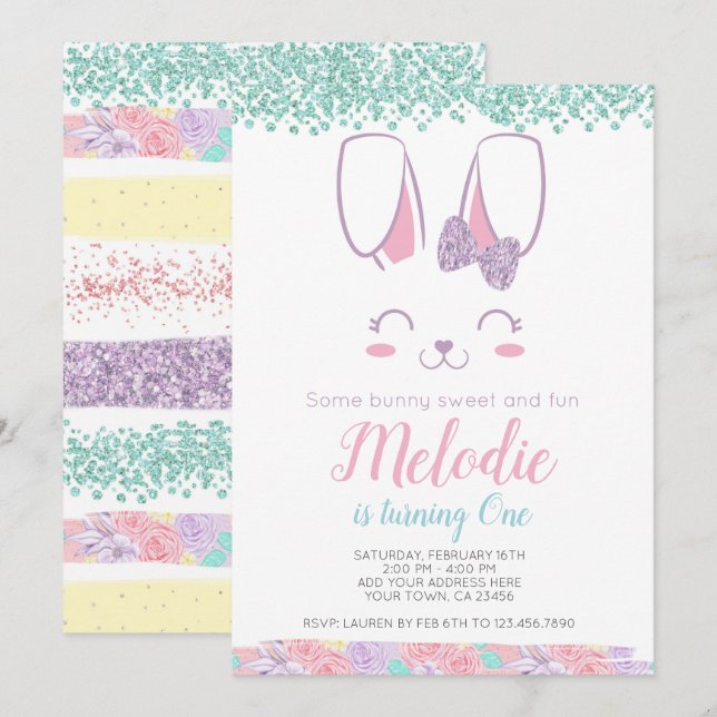 Bunny Birthday Invitation, Any age, 1st birthday Invitation (Front/Back)