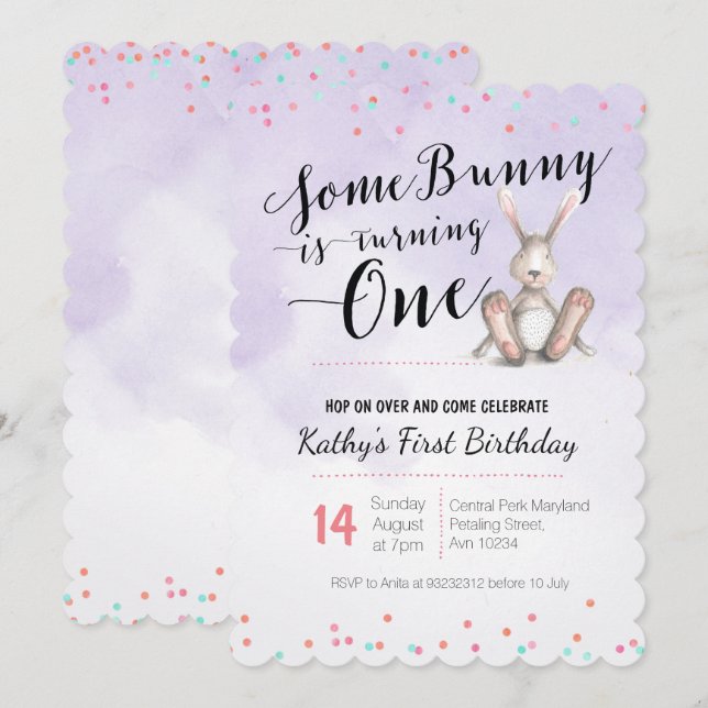 Bunny Birthday Invitation PURPLE (Front/Back)