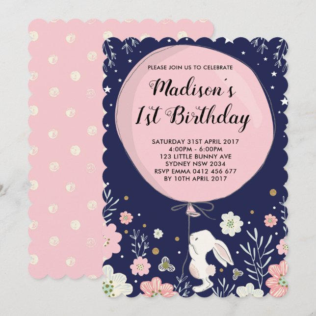 Bunny Birthday Invite Rabbit Navy Pink Twinkl Star (Front/Back)