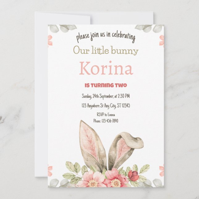 Bunny Birthday Party Invitation pink floral  (Front)