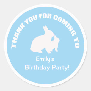 Bunny birthday party thank you light blue sticker. classic round sticker