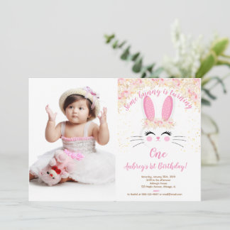 Bunny birthday photo invitation pink and gold 1st