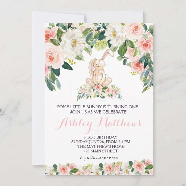 Bunny birthday pink Beautiful Floral Invitation, Invitation (Front)