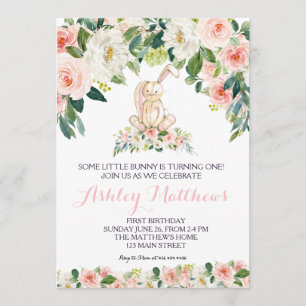 Bunny birthday pink Beautiful Floral Invitation, Invitation