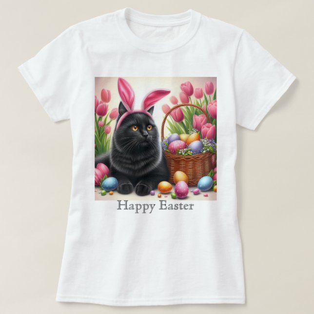 Bunny Black Cat Happy Easter Pink T-Shirt (Design Front)