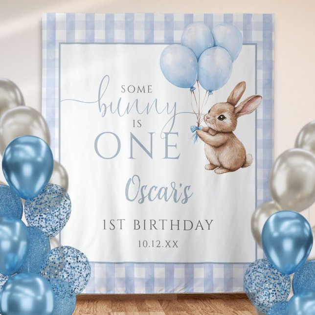 Bunny Blue Balloons 1st Birthday Backdrop Tapestry (Bunny Blue Balloons 1st Birthday Backdrop)