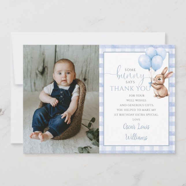 Bunny Blue Balloons Photo 1st Birthday Party Thank You Card (Front)