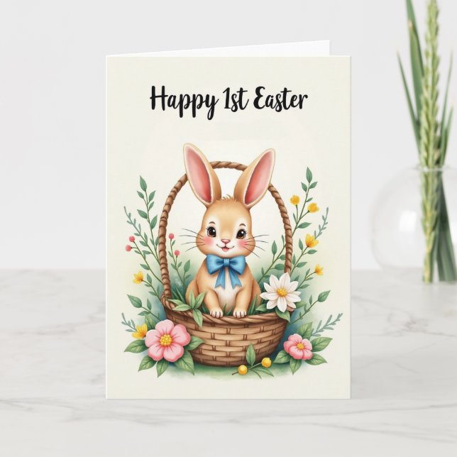 Bunny Blue Bow Basket Card (Front)