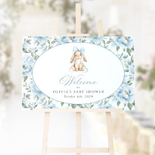 Bunny, Blue Bow, Blue Flowers, Baby Shower Welcome Poster