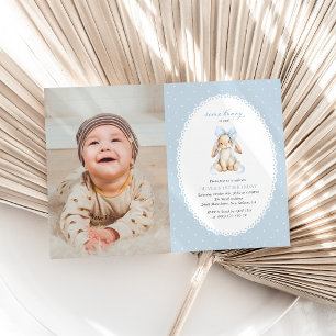 Bunny, Blue Bow, Blue Polka Dots, First Birthday Invitation