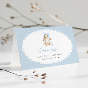 Bunny, Blue Bow, Blue Polka Dots, First Birthday Thank You Card