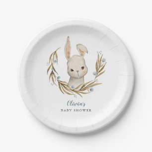 Bunny Blue Floral Baby Shower Paper Plate