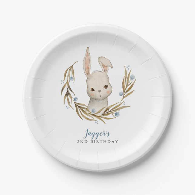 Bunny Blue Floral Kids Birthday Party Paper Plate (Front)