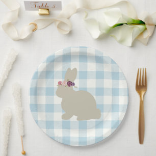 Bunny Blue Gingham Baby Shower Paper Plate