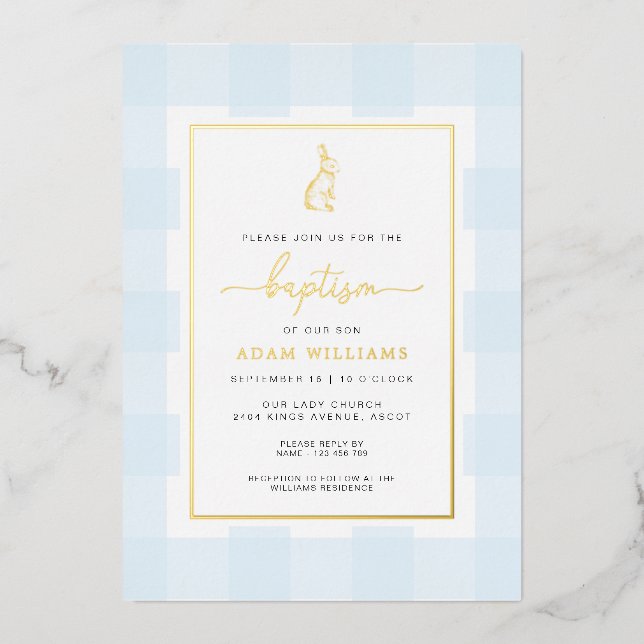 Bunny Blue Gingham Baptism Gold Foil Invitation (Front)