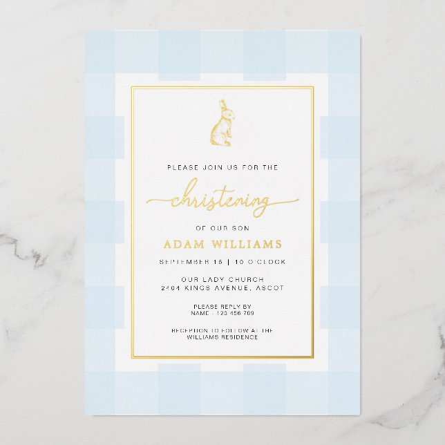 Bunny Blue Gingham Christening Foil Invitation (Front)