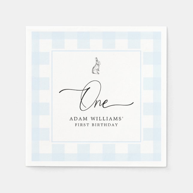Bunny Blue Gingham First Birthday Paper Napkin (Front)