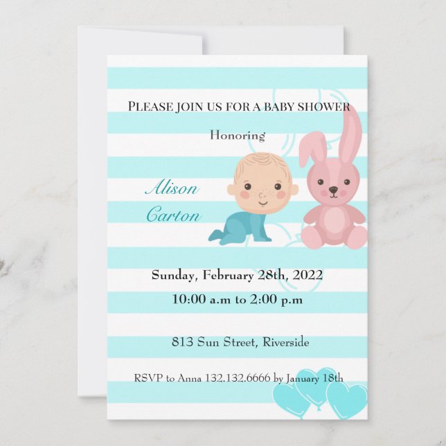 Bunny  blue stripes boy baby shower invitation (Front)