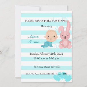 Bunny blue stripes boy baby shower invitation
