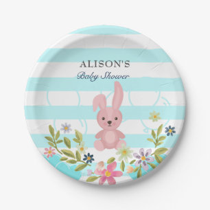Bunny Blue teal stripes Floral Boy Baby Shower Paper Plate