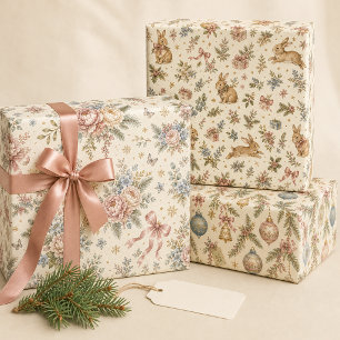 Bunny Blush Winter Floral Vintage Ornament Wrapping Paper Sheet