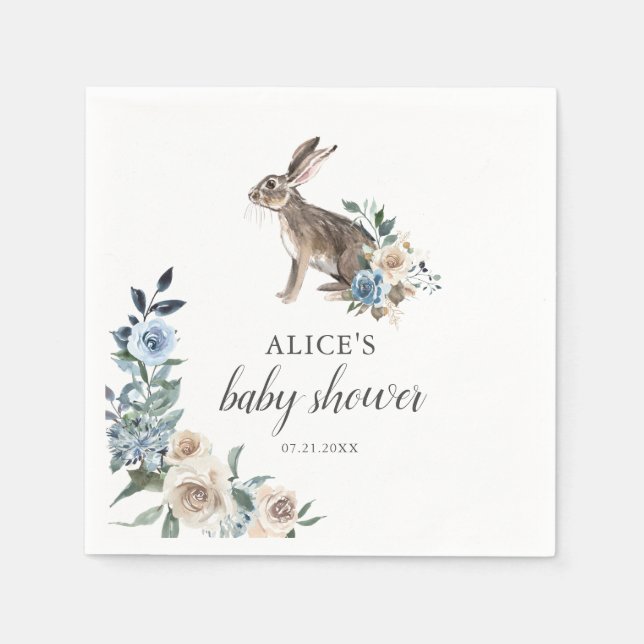Bunny Boho Dusty Blue Flowers Baby Shower Napkin (Front)