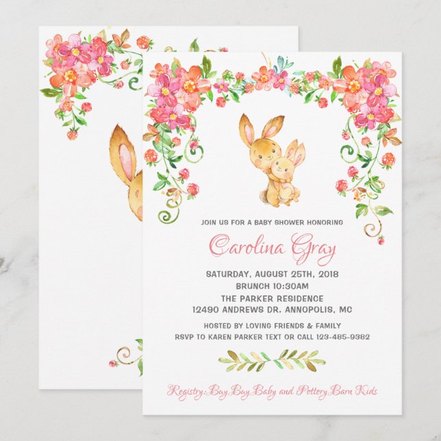 Bunny Boho Floral Invitation Pink Baby Shower (Front/Back)