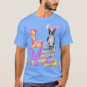 Bunny Boston Terrier Dog Happy Easter Eggs Tree  T-Shirt