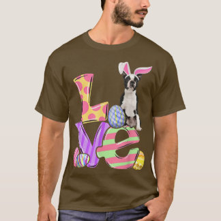 Bunny Boston Terrier Dog Happy Easter Eggs Tree  T-Shirt