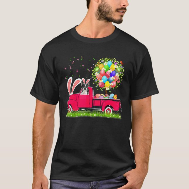 Bunny Boston Terrier Happy Easter Eggs Tree T-Shirt (Front)
