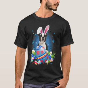 Bunny Boston Terrier With Egg Basket Easter Flower T-Shirt