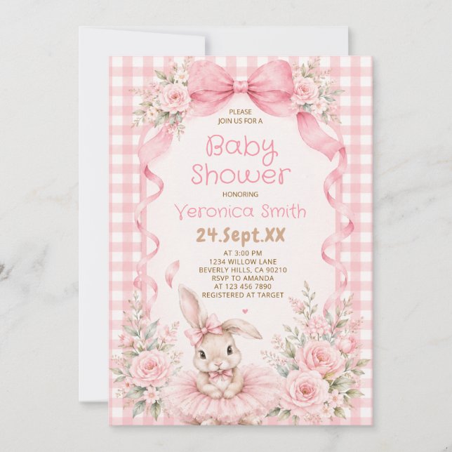 Bunny Bow Baby Shower Invitation Girl  (Front)