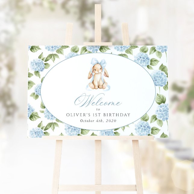 Bunny, Bow, Blue Flowers, First Birthday Welcome Poster (Creator Uploaded)