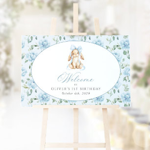 Bunny, Bow, Blue Flowers, First Birthday Welcome Poster