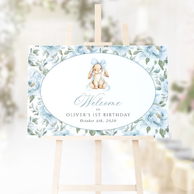 Bunny, Bow, Blue Flowers, First Birthday Welcome Poster (Creator Uploaded)