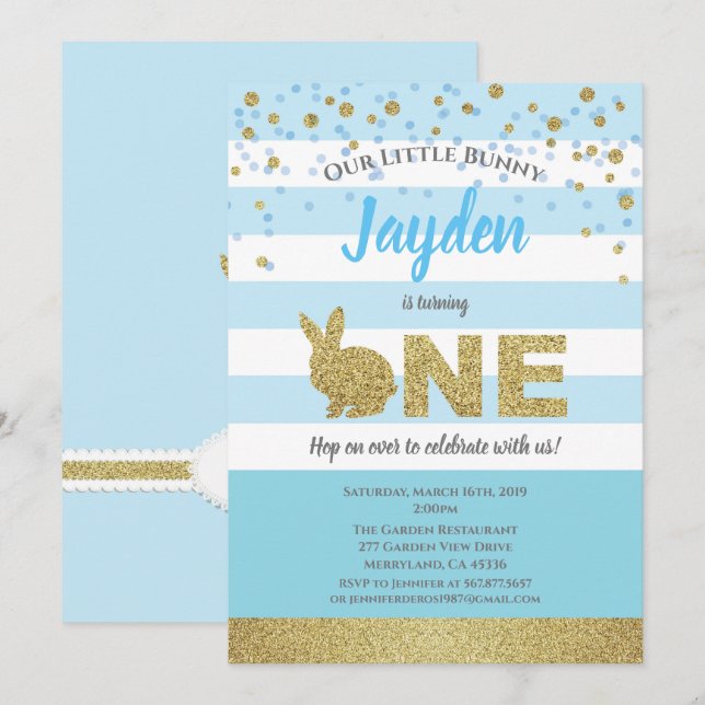 Bunny boy 1st birthday invitation blue and gold (Front/Back)