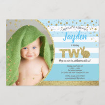 Bunny boy 2nd birthday photo invitation in blue