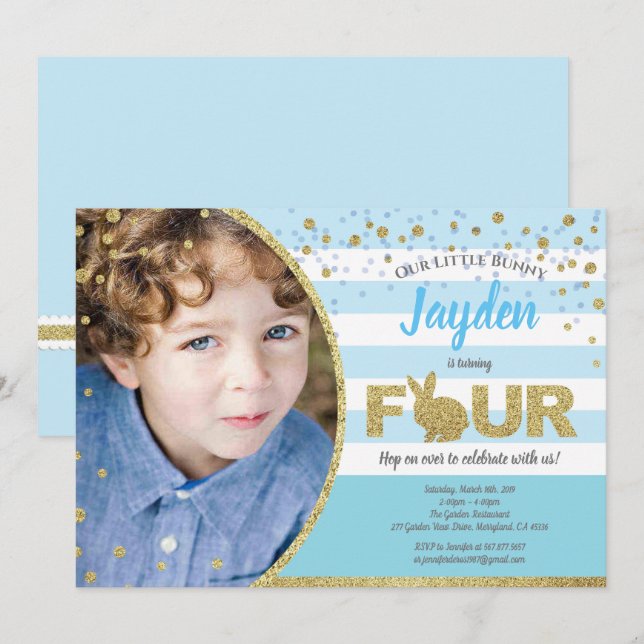 Bunny boy 4th birthday photo invitation in blue (Front/Back)