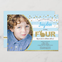Bunny boy 4th birthday photo invitation in blue