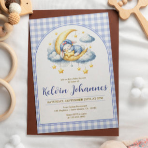 Bunny Boy Moon Star Gingham Blue Baby Shower Invitation