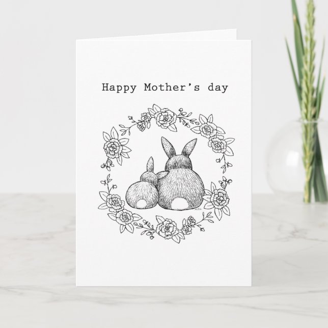 Bunny buns cute and funny mother's day monochrome card (Front)