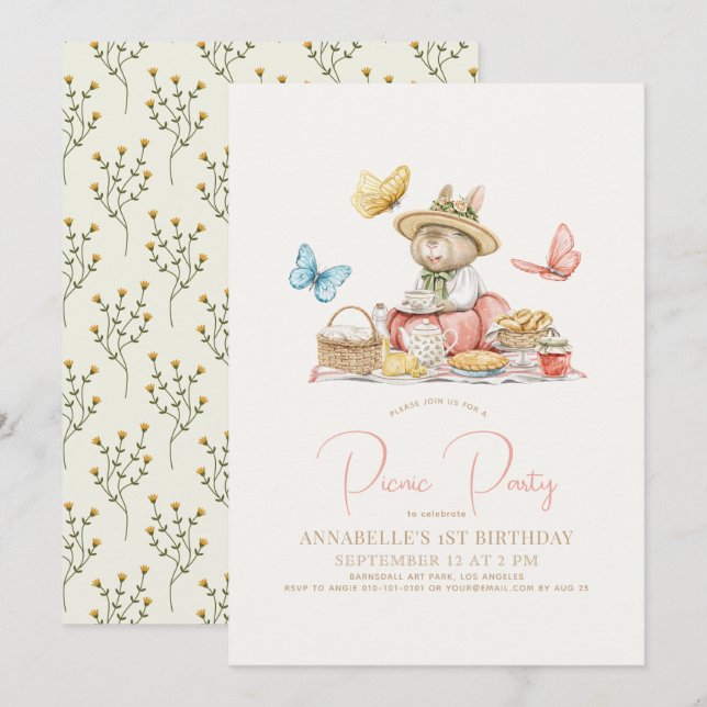 Bunny & Butterflies Picnic Girl 1st Birthday Invitation (Front/Back)
