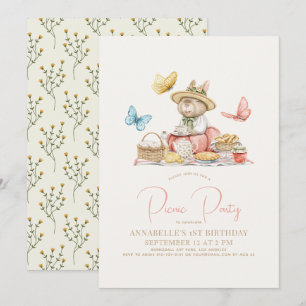 Bunny & Butterflies Picnic Girl 1st Birthday Invitation