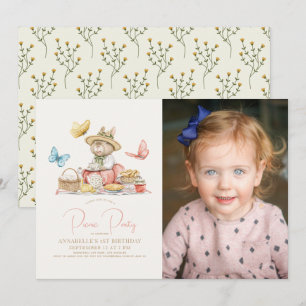 Bunny & Butterflies Picnic Girl 1st Birthday Photo Invitation