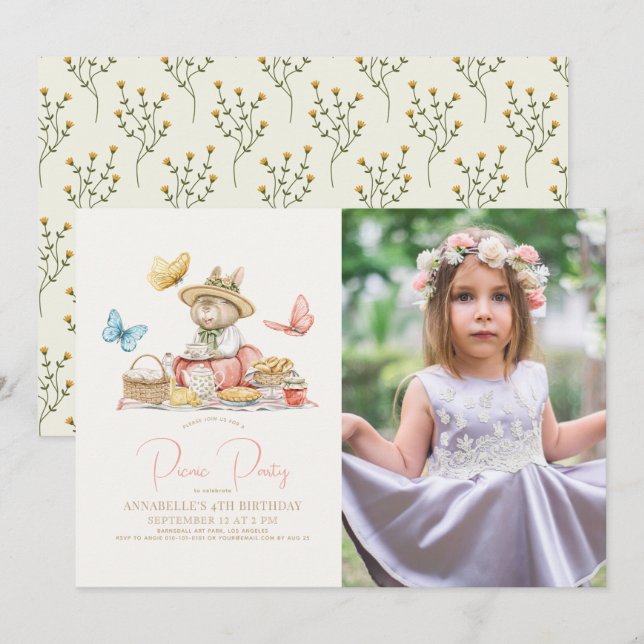 Bunny & Butterflies Picnic Tea Party Birthday Phot Invitation (Front/Back)