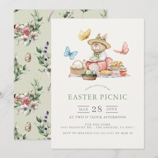 Bunny & Butterflies Tea Party Easter Picnic  Invitation (Front/Back)